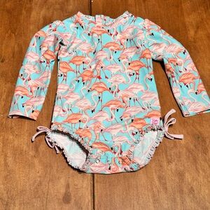 Ruffle Butts Flamingo Print Kids Rashguard Swimsuit - 3T